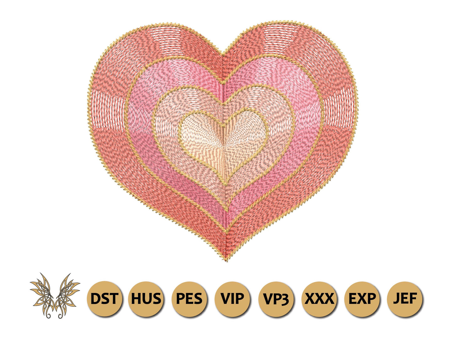 Heart Machine Embroidery Design ripple stitched effect for T-Shirts, Sweatshirts, Mug Rugs, Mantel, Tween or Teen Room Decor, 5 sizes