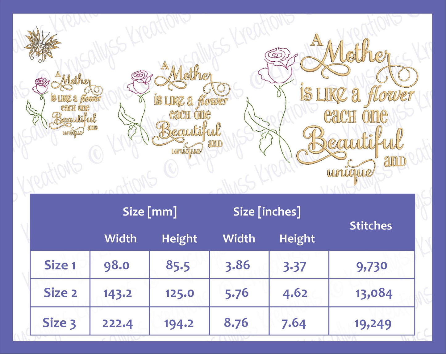 A Mother is Like a Flower Machine Embroidery Design for personalized gifting, DIY designs for Mother's Day gift in 3 sizes and 8 formats