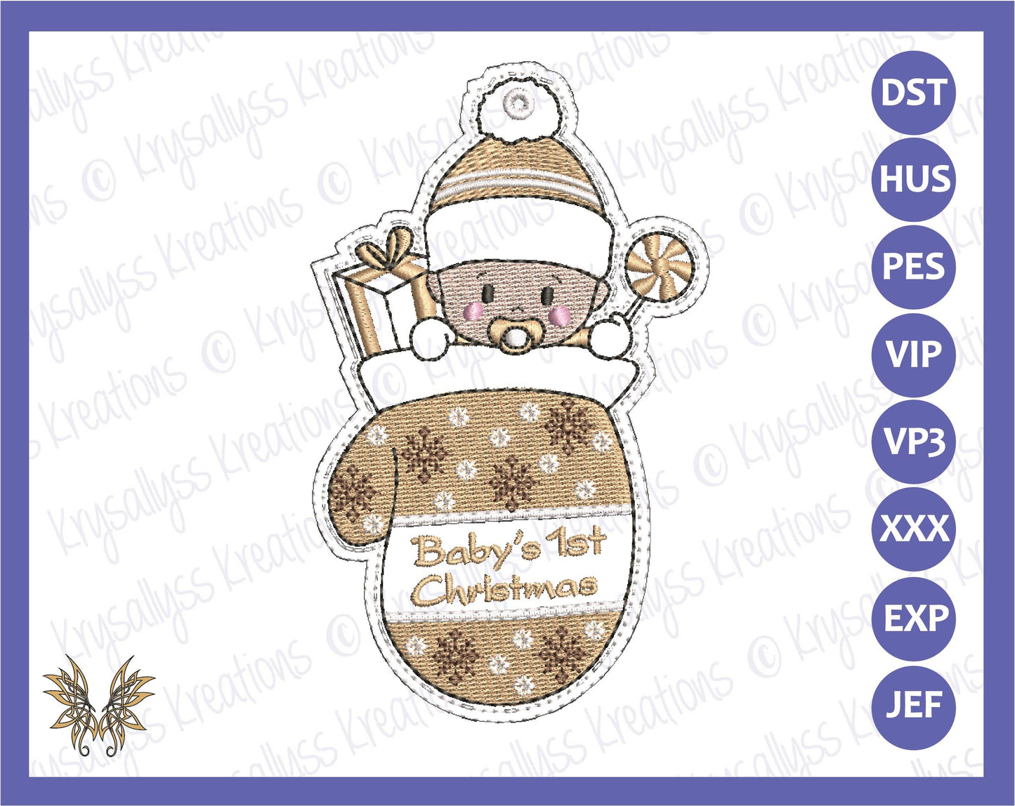 Baby"s 1st Christmas In-the-hoop Embroidery Design with bonus 2022 tag, Fits 4 x 4 hoop, 8 Formats including PES, DST, vp3 Instant Download