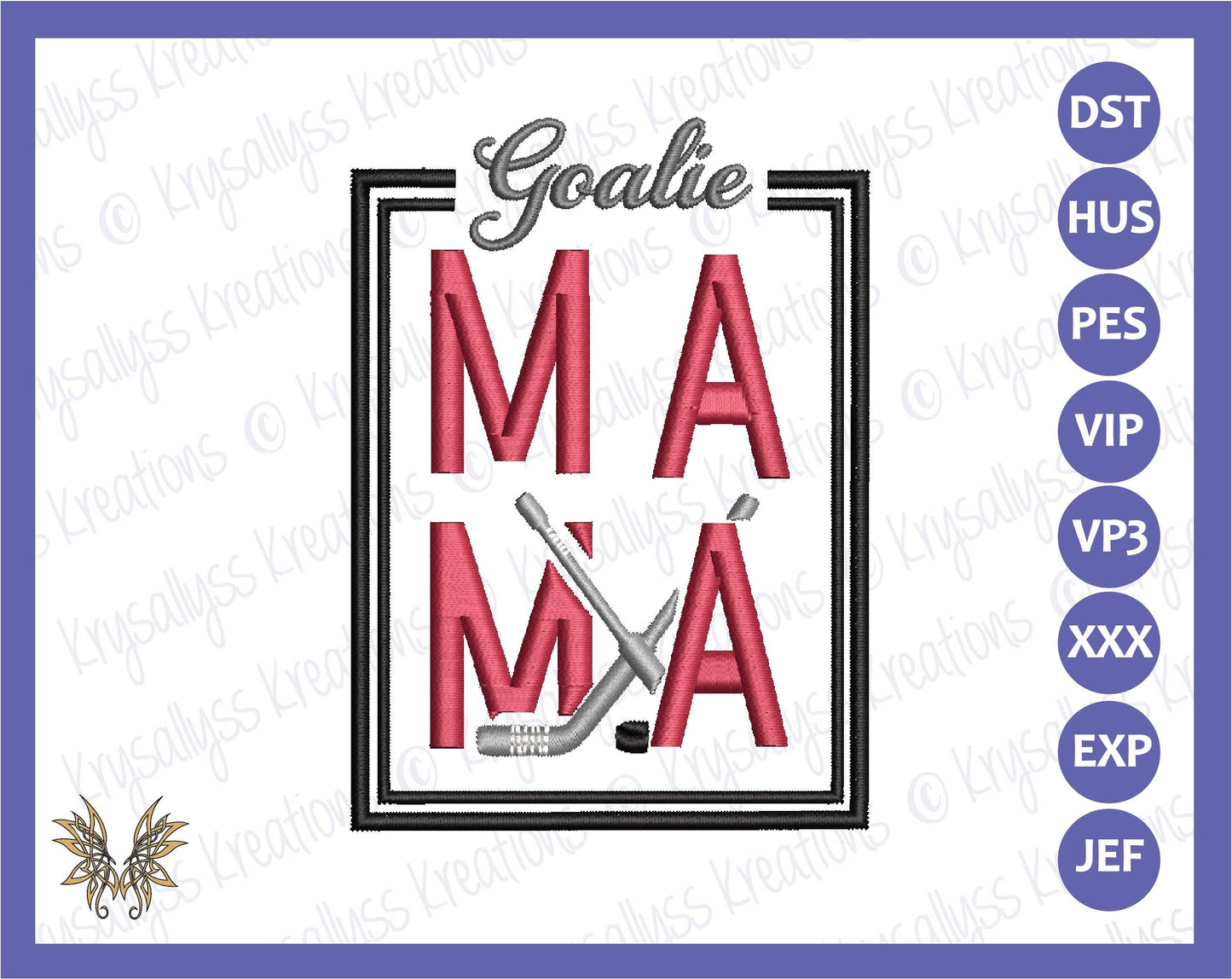 Goalie MaMa Machine Embroidery Design File for 4x4 hoop. Sized for left chest or sleeve of a jacket or sweatshirt. Download now, 8 formats