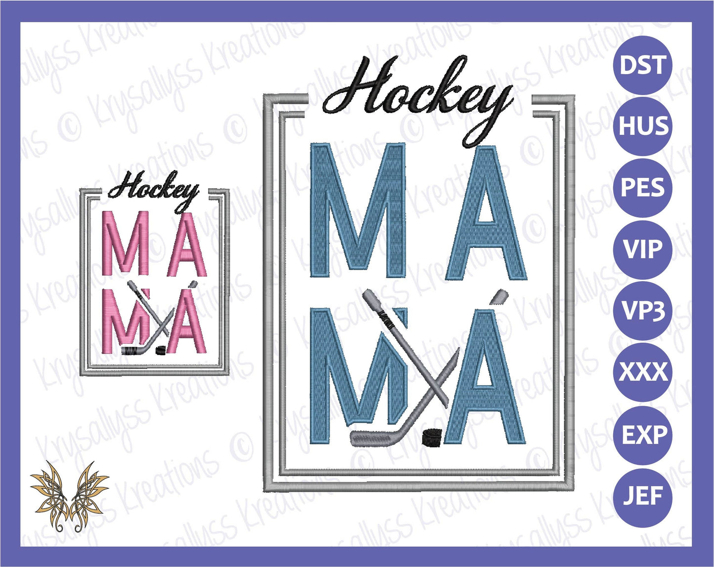 Hockey MaMa Machine Embroidery Design File for 4x4 and 8x12 hoops. Sized for left chest, sleeve and full front or back jacket or sweatshirt