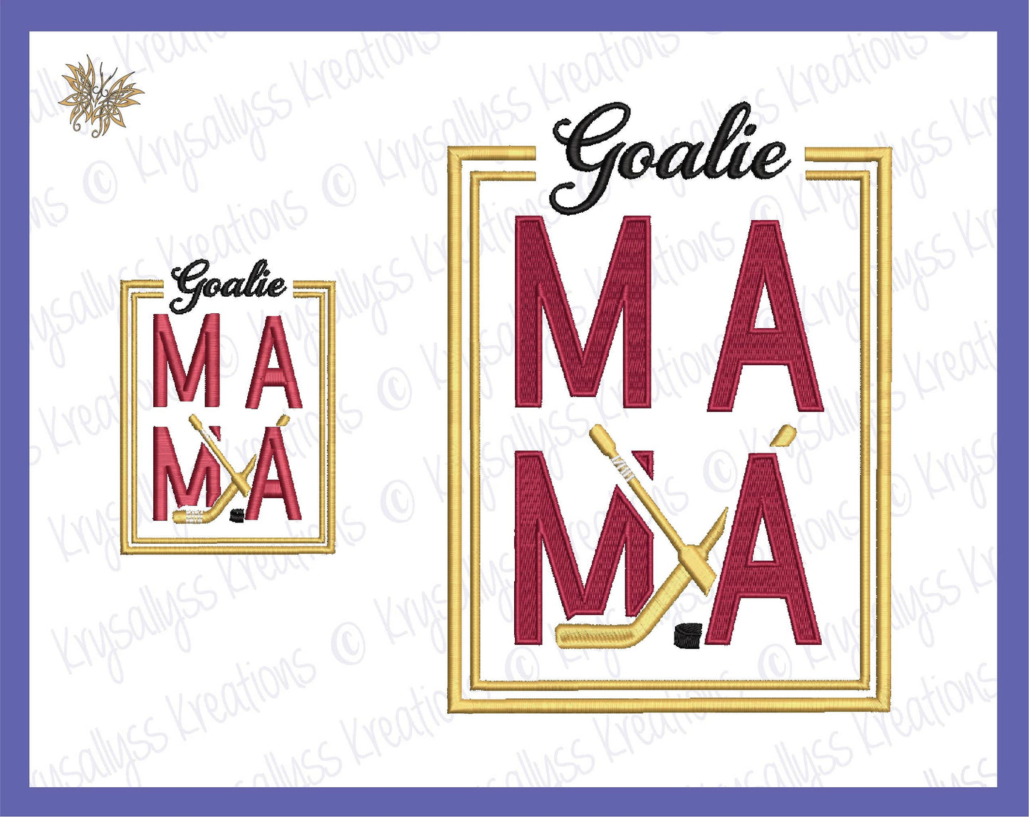 Goalie MaMa Machine Embroidery Design File for 4x4 and 8x12 hoops. Sized for left chest, sleeve and full front or back jacket or sweatshirt