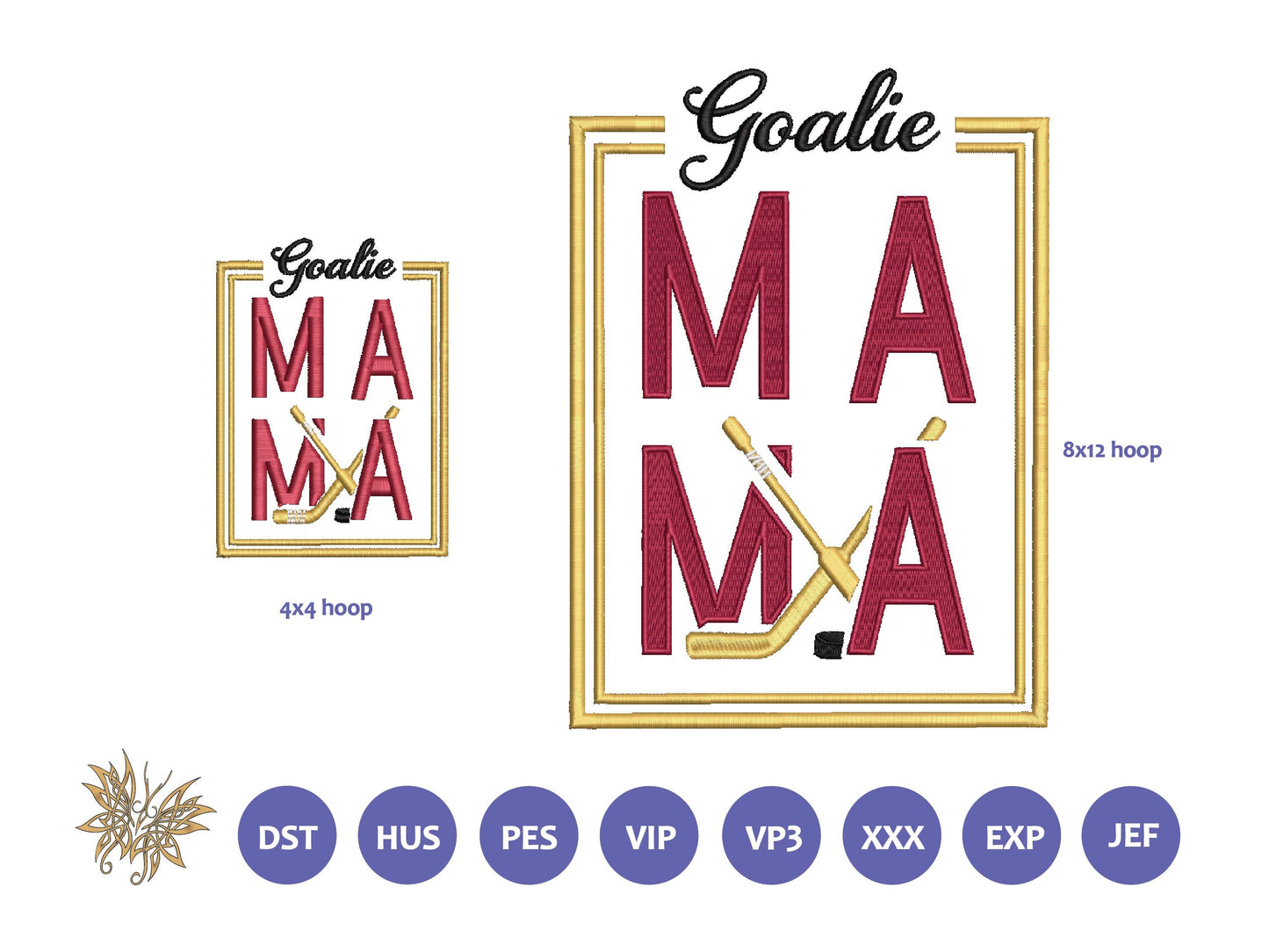 Goalie MaMa Machine Embroidery Design File for 4x4 and 8x12 hoops. Sized for left chest, sleeve and full front or back jacket or sweatshirt