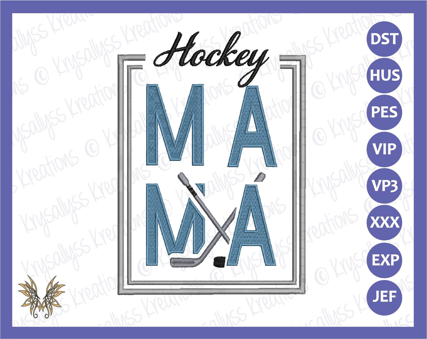 Hockey MaMa Machine Embroidery Design File for 8x12 hoop. Sized for front or back of a jacket or sweatshirt. Download now, 8 formats