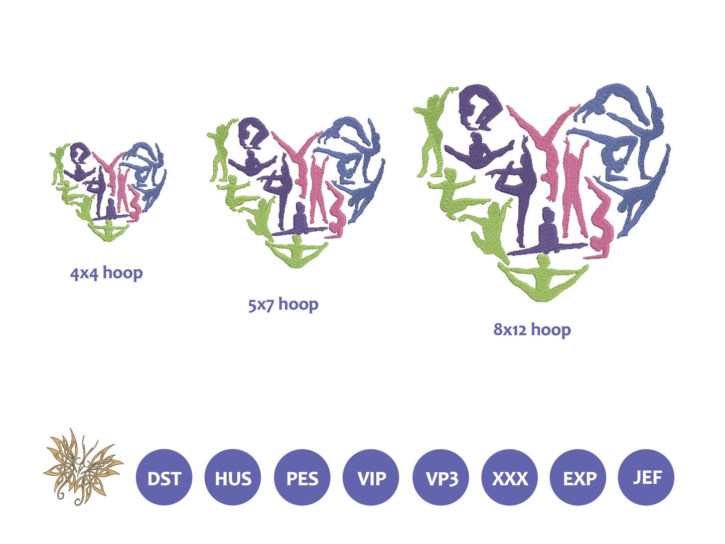 Gymnastics Heart Machine Embroidery Design File for the Perfect Gymnast Parent Gift.  4x4, 5x7, and 8x12 hoop sizes, 8 formats. Download now