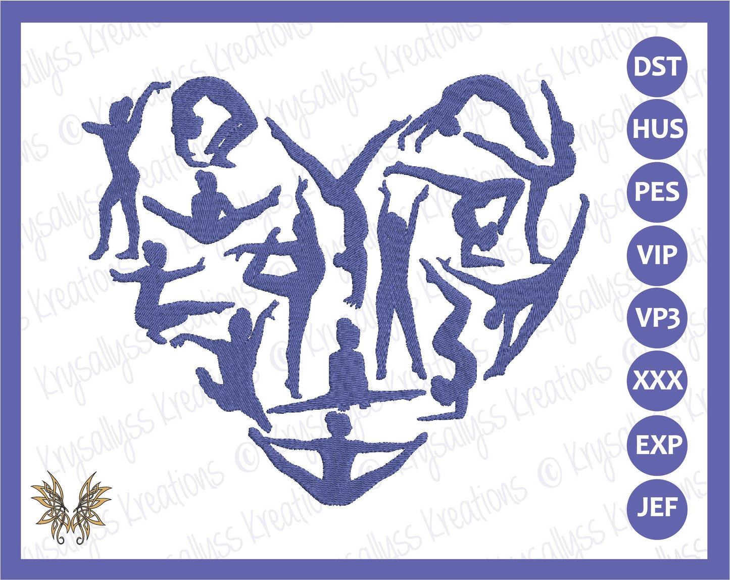 Gymnastics Heart Machine Embroidery Design File for the Perfect Gymnast Parent Gift.  4x4, 5x7, and 8x12 hoop sizes, 8 formats. Download now