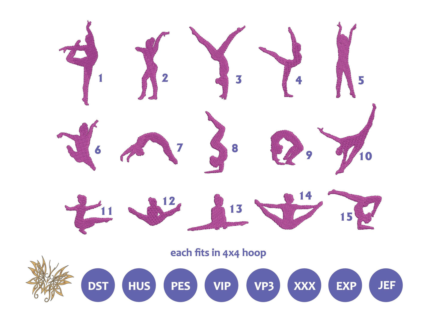 15 Small Gymnast Silhouettes Machine Embroidery Design Files in 8 formats fitting 4x4 hoop, Individual Poses for the Gymnastics Lover.