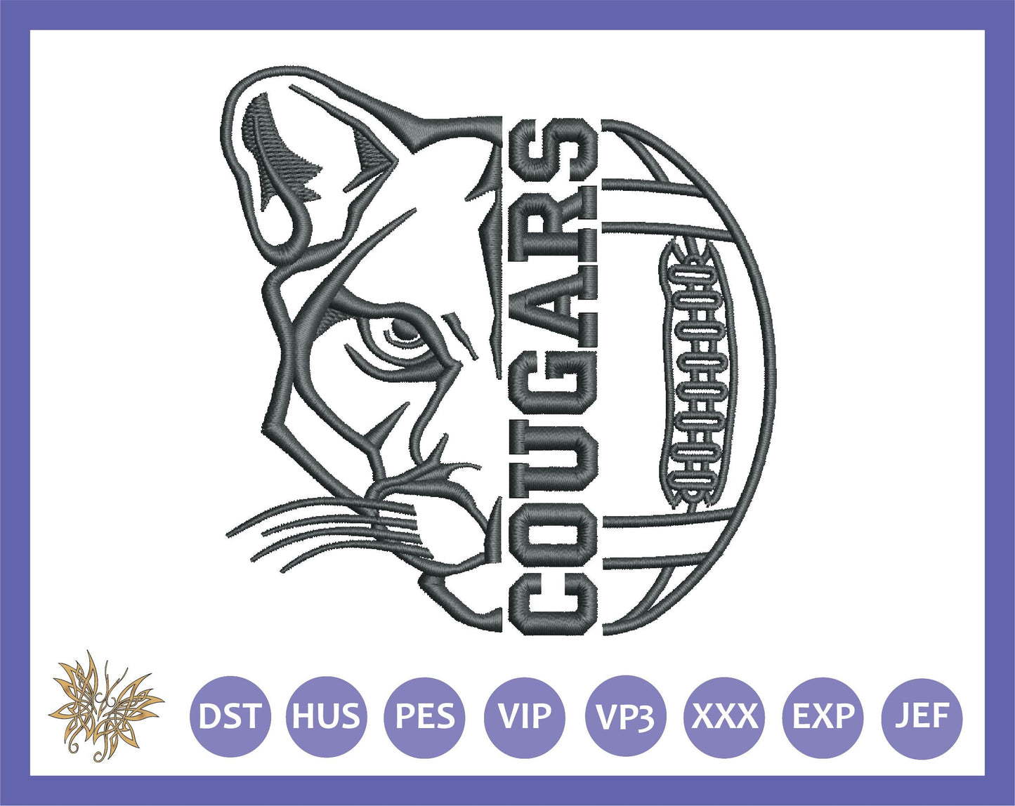 Cougars Football Machine Embroidery Design File. Stitches with minimal trims, available in 5"x5" hoop size only and 8 formats. Download now