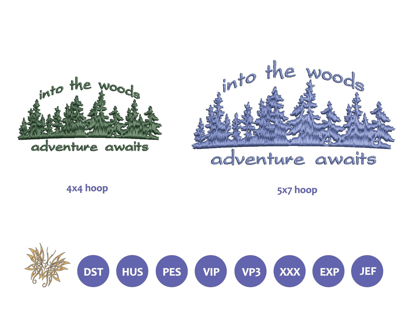 Adventure Awaits Machine Embroidery Design. Small Pine Tree Forest Embroidered File in 2 sizes, 8 formats. Fits 4x4 and 5x7 hoops. PES, DST