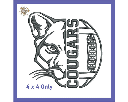 Cougars Football Machine Embroidery Design File. Stitches with minimal trims, available in 4x4 hoop size only and 8 formats. Download now