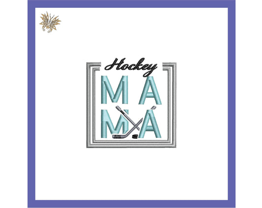 Square Hockey MaMa Machine Embroidery Design File 2.5 x 2.5 inches. Sized for left chest or hat. Download now, 8 formats