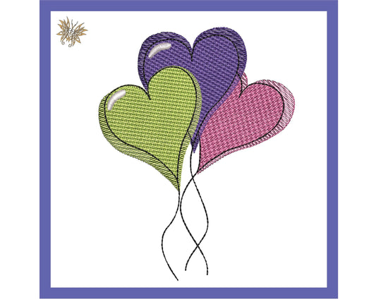 Heart Balloons Sketch Machine Embroidery Design in three sizes and 8 formats for girl's room decor throw pillows, Instant Download