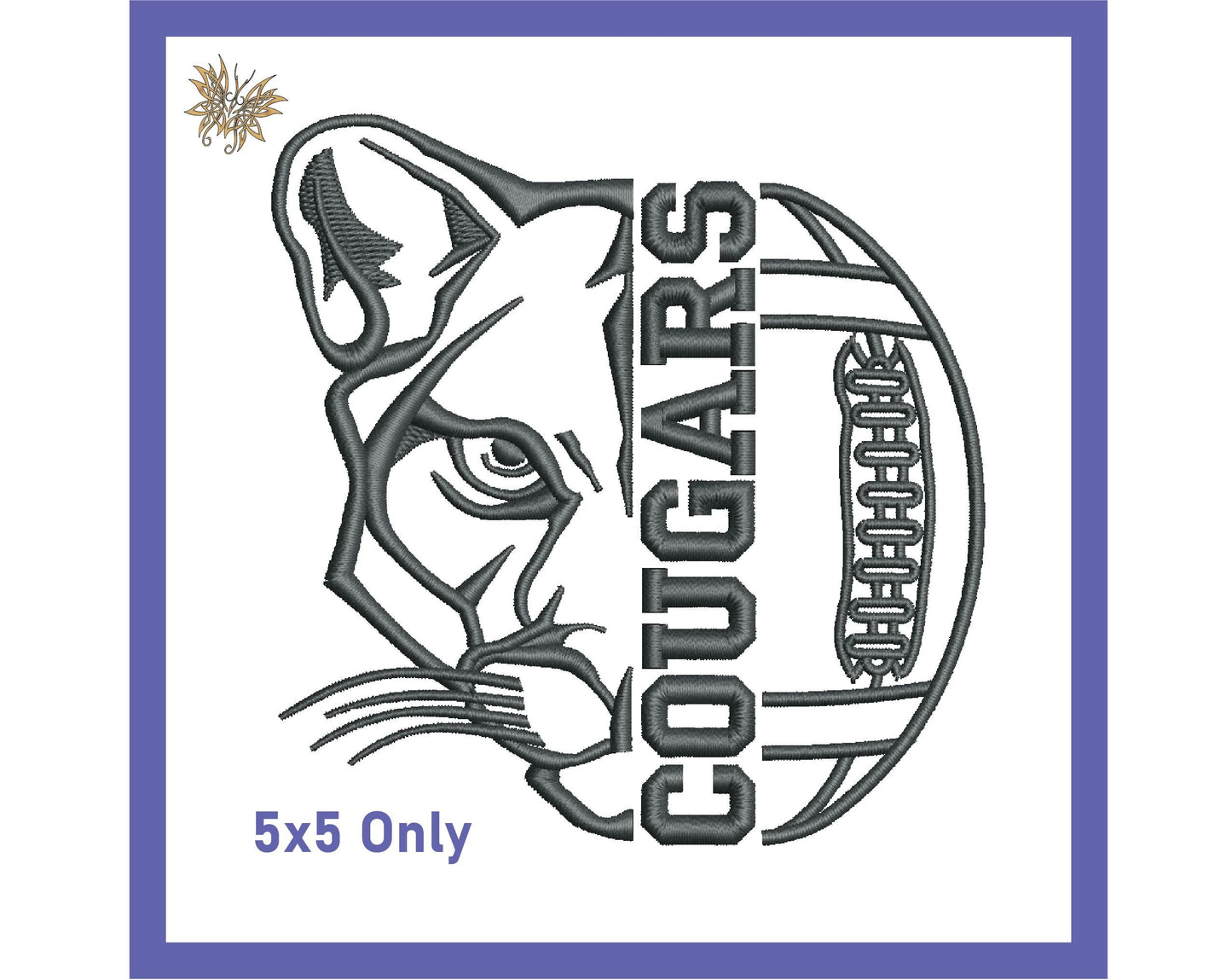 Cougars Football Machine Embroidery Design File. Stitches with minimal trims, available in 5"x5" hoop size only and 8 formats. Download now