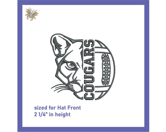 Cougars Football Machine Embroidery Design File. Stitches with minimal trims, sized for hats, 8 formats. Download now