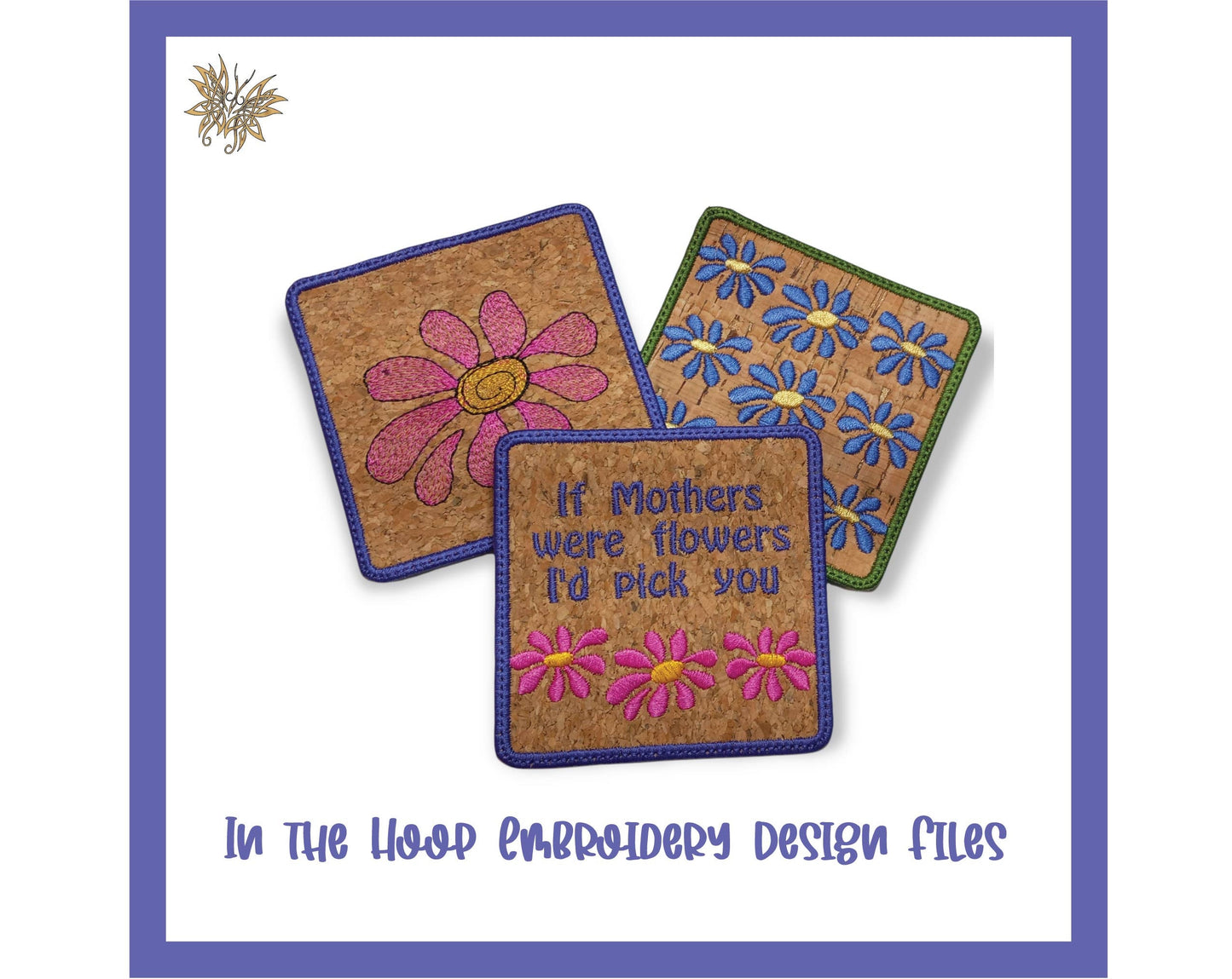 Set of 3 Daisy ITH Coaster Embroidery Designs, Flower In-the-Hoop Mug Rug quick stitch for DIY Spring Decor or Mother's Day gift, 4x4 Hoop