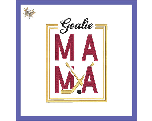 Goalie MaMa Machine Embroidery Design File for 8x12 hoop. Sized for front or back of a jacket or sweatshirt. Download now, 8 formats