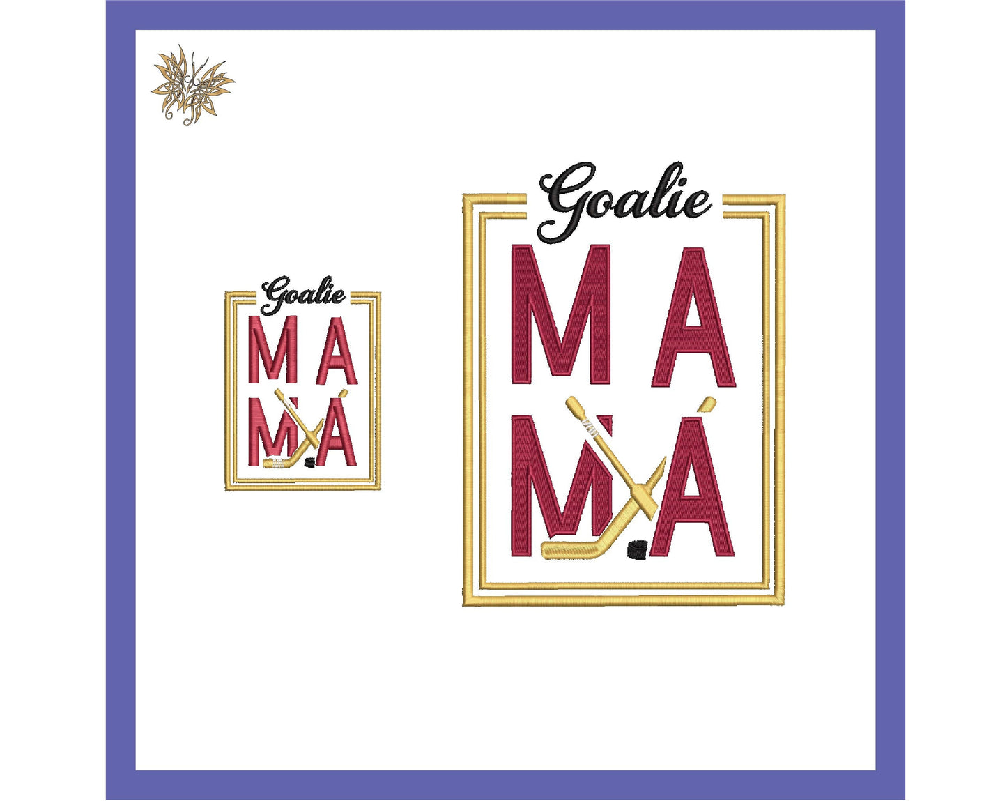 Goalie MaMa Machine Embroidery Design File for 4x4 and 8x12 hoops. Sized for left chest, sleeve and full front or back jacket or sweatshirt