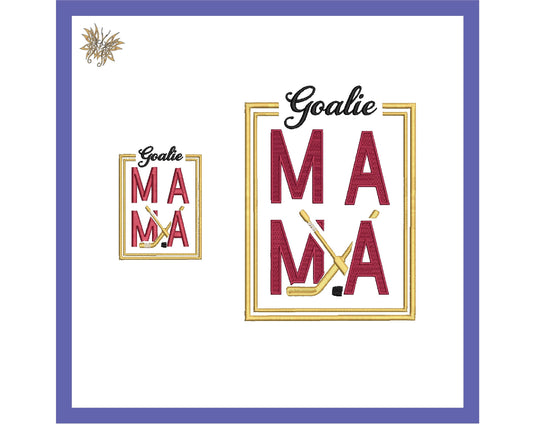 Goalie MaMa Machine Embroidery Design File for 4x4 and 8x12 hoops. Sized for left chest, sleeve and full front or back jacket or sweatshirt