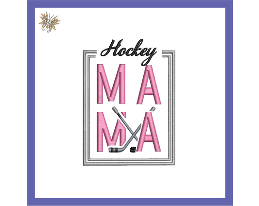 Hockey MaMa Machine Embroidery Design File for 4x4 hoop. Sized for left chest or sleeve of a jacket or sweatshirt. Download now, 8 formats