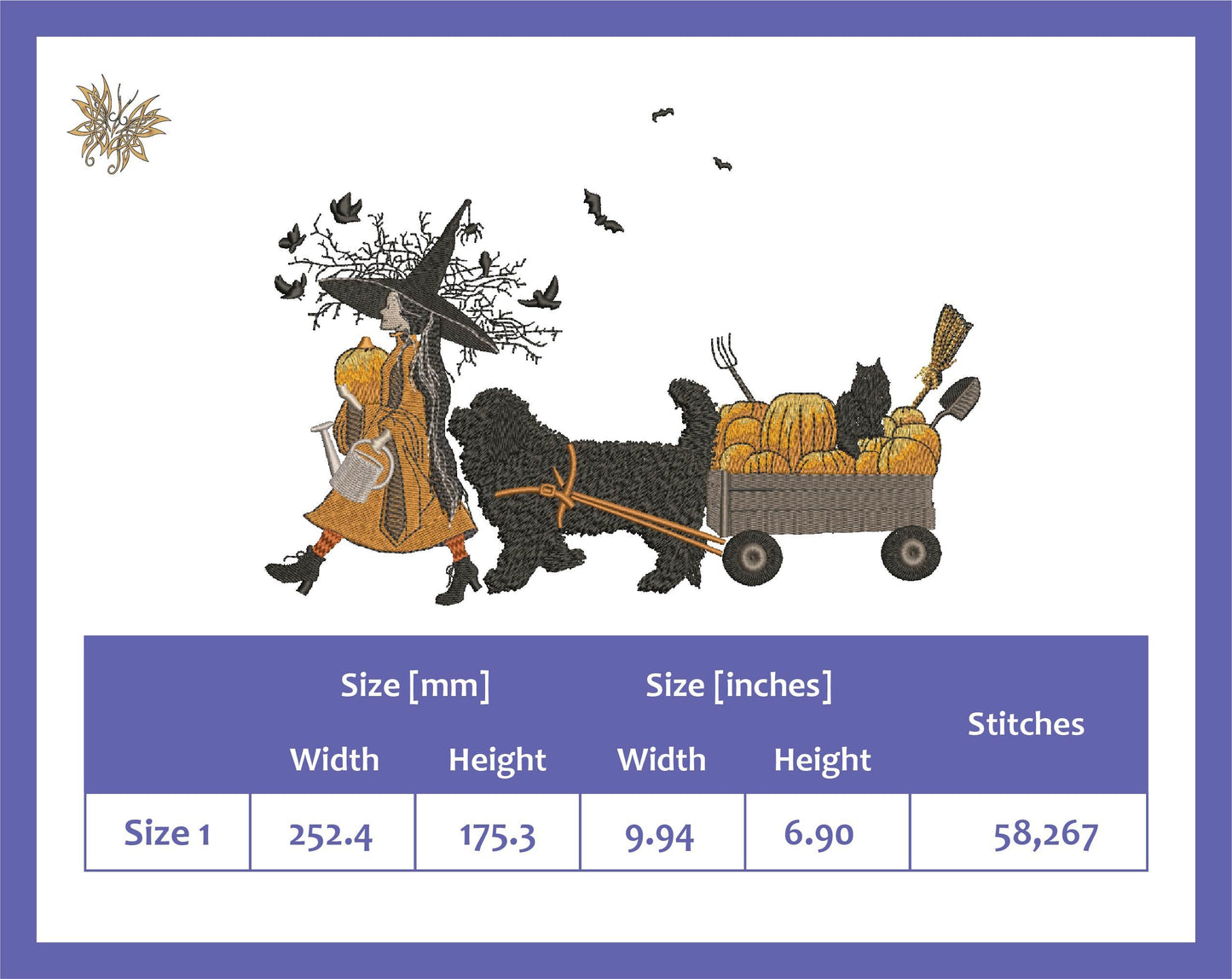 Witches Garden Machine Embroidery Design in 1 size and 8 formats, Autumn Pumpkins with dog and black cat All things Witchy, INSTANT DOWNLOAD