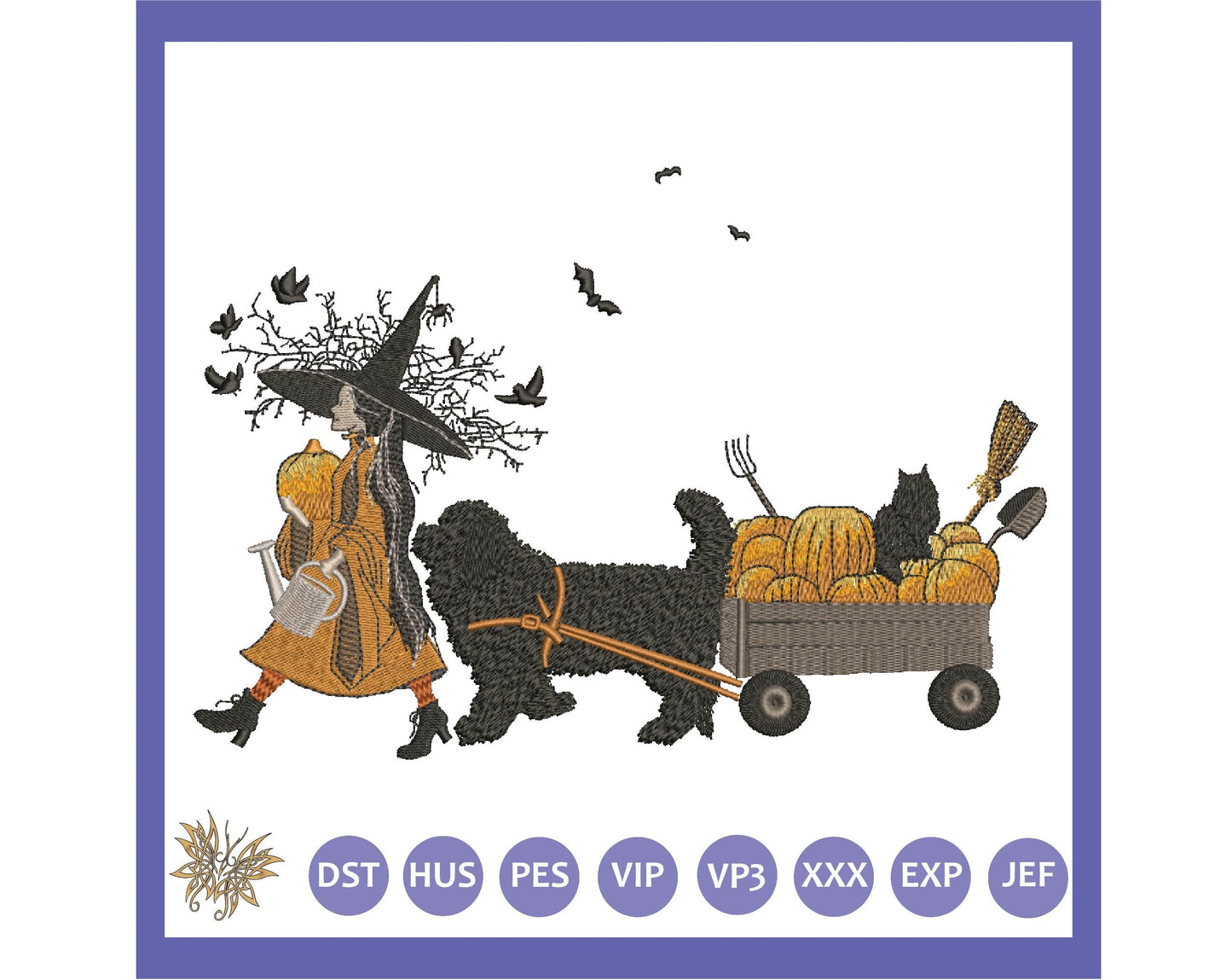 Witches Garden Machine Embroidery Design in 1 size and 8 formats, Autumn Pumpkins with dog and black cat All things Witchy, INSTANT DOWNLOAD