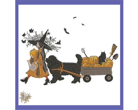 Witches Garden Machine Embroidery Design in 1 size and 8 formats, Autumn Pumpkins with dog and black cat All things Witchy, INSTANT DOWNLOAD