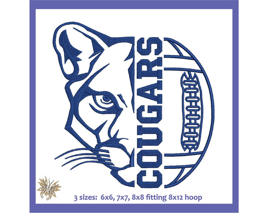 Cougars Football Machine Embroidery Design File. Stitches with minimal trims, 3 sizes that fit 8x12 hoop size only 8 formats. Download now