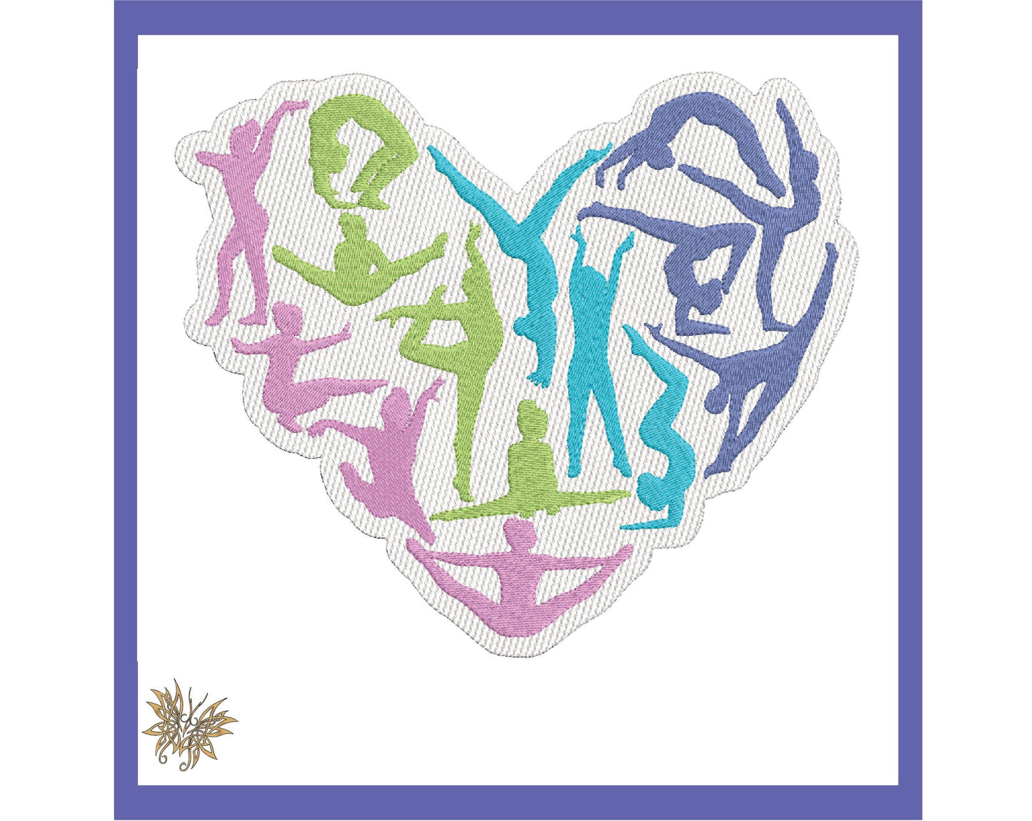 Gymnastics Heart Machine Embroidery Design File includes laydown for pile. Perfect Gymnast Lover Gift.  4x4, 5x7, 8x12 hoop sizes, 8 formats