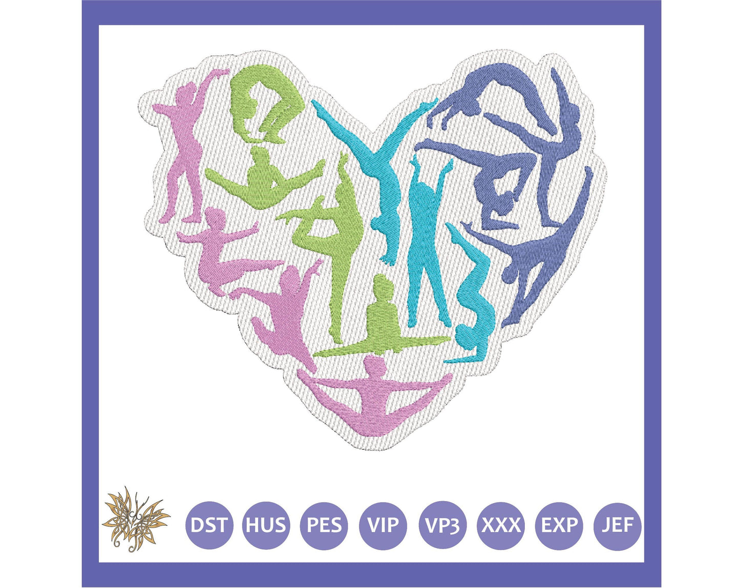 Gymnastics Heart Machine Embroidery Design File includes laydown for pile. Perfect Gymnast Lover Gift.  4x4, 5x7, 8x12 hoop sizes, 8 formats