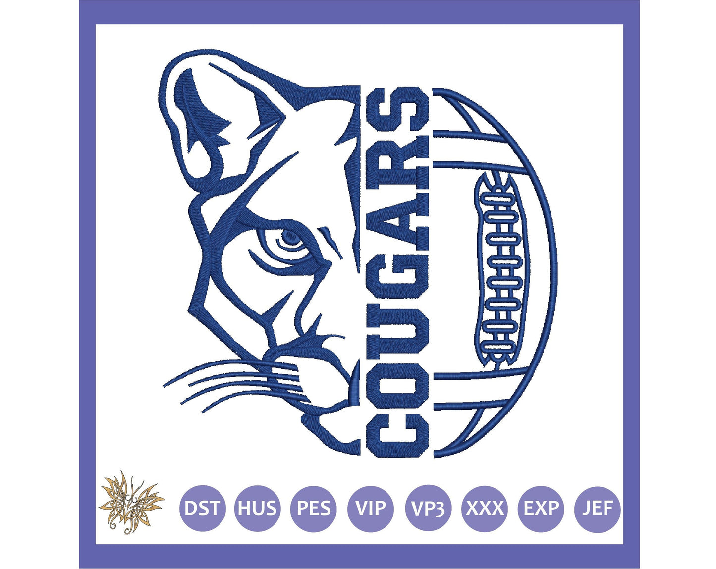 Cougars Football Machine Embroidery Design File. Stitches with minimal trims, 3 sizes that fit 8x12 hoop size only 8 formats. Download now